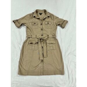 Eddie Bauer Khaki Utility Belted Shirt Dress Safari Button Front Size M